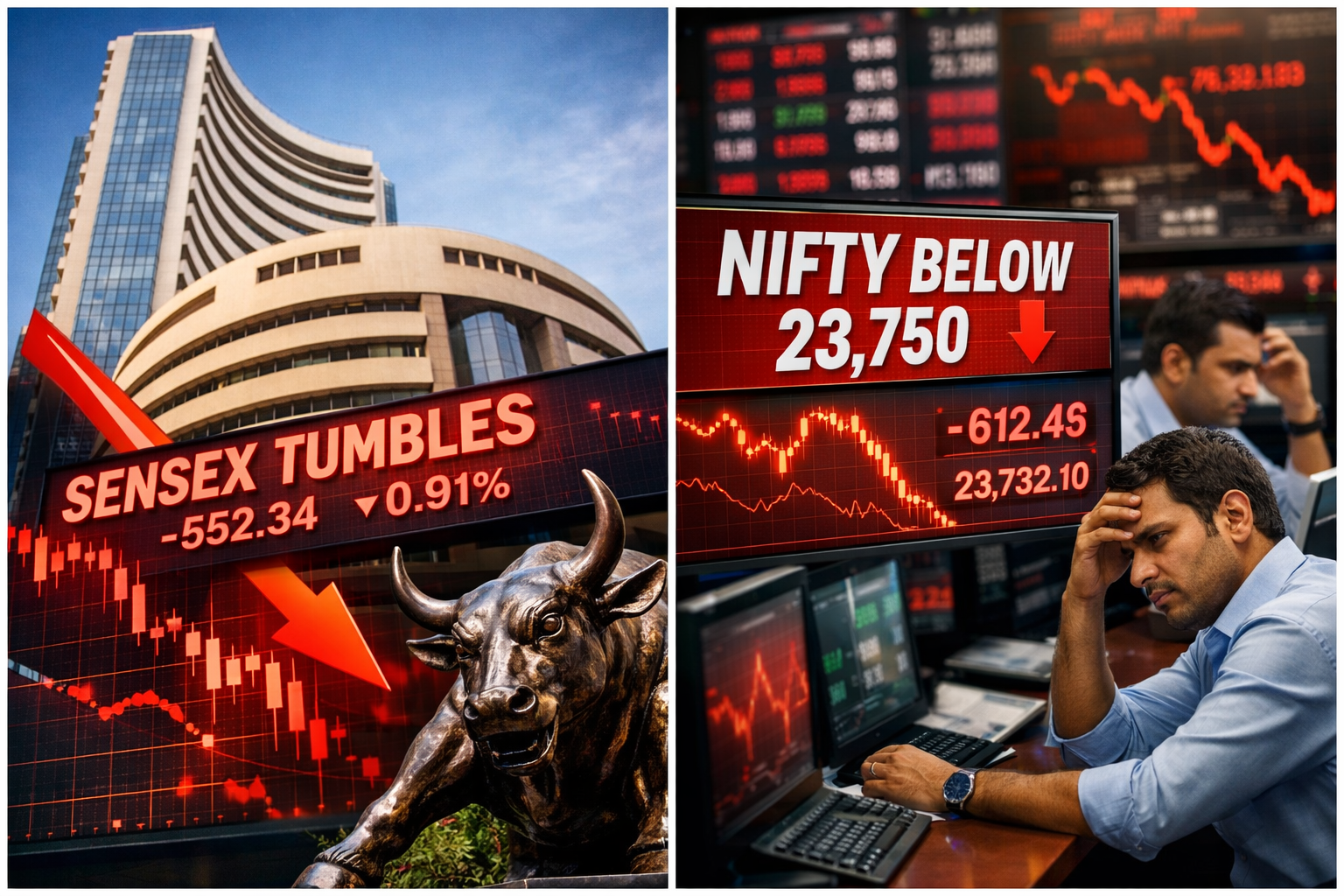 Indian Stock Market Under Pressure: Sensex Falls 500 Points, Nifty Trades Below 23,750