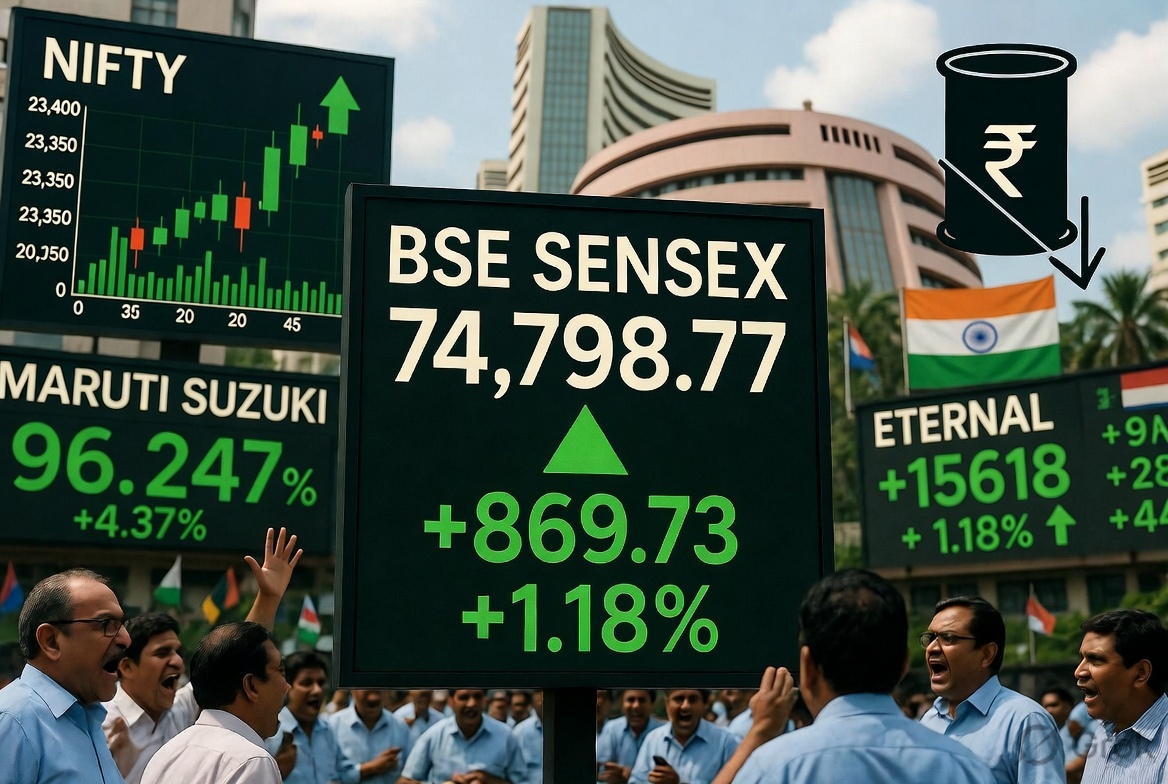 Sensex Today Rallies 869 Points | Nifty Above 23,350 | Maruti Suzuki & Eternal Top Gainers