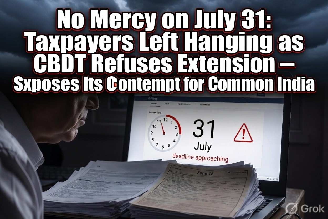 No Mercy on July 31: Taxpayers Left Hanging as CBDT Refuses Extension — System’s Rigid Deadline Exposes Its Contempt for Common India