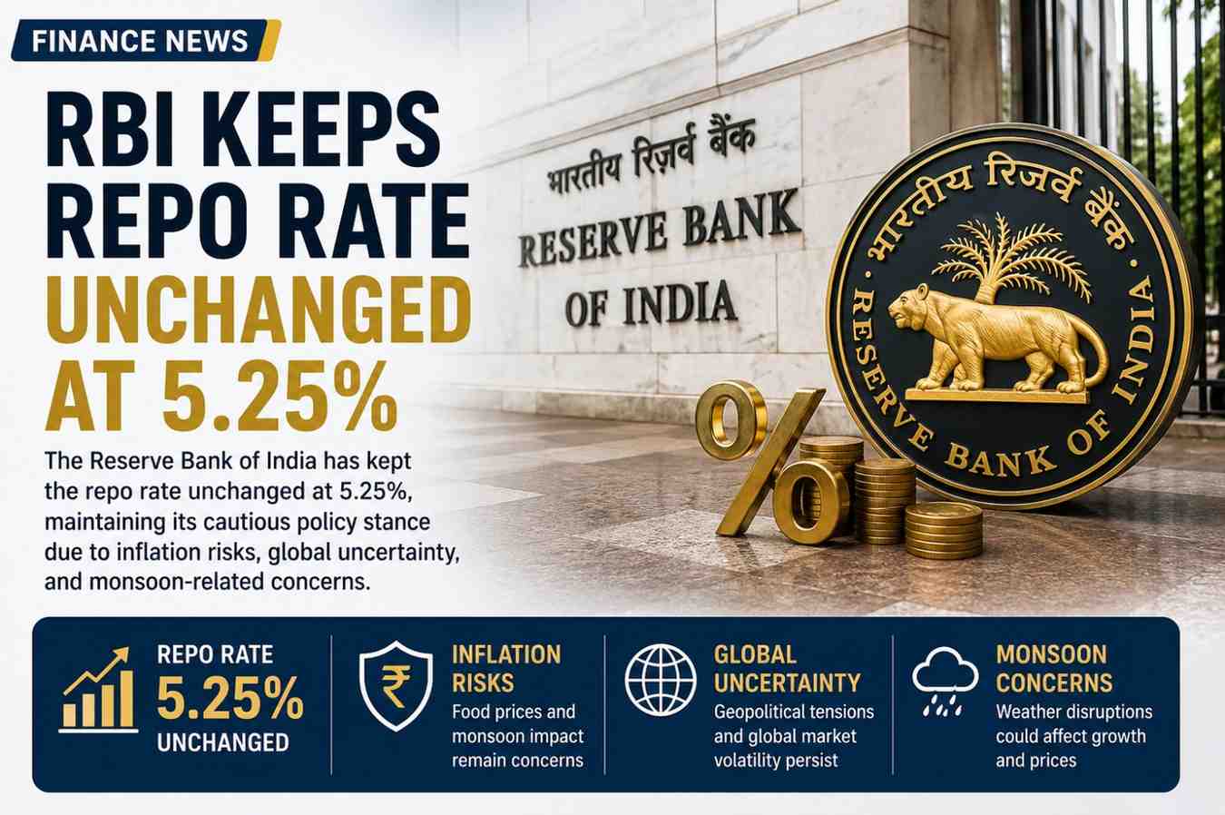 RBI Keeps Repo Rate Unchanged at 5.25% Amid Inflation and Global Uncertainty