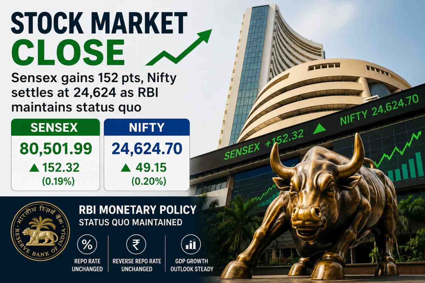 Stock Market Close: Sensex Rises 152 Points, Nifty Ends at 24,624 as RBI Maintains Status Quo