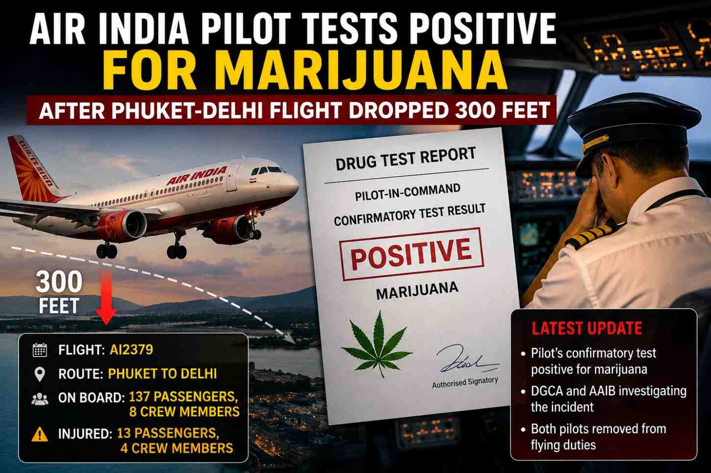 Air India Phuket–Delhi Flight: Pilot Tests Positive for Marijuana After 300-Foot Altitude Drop