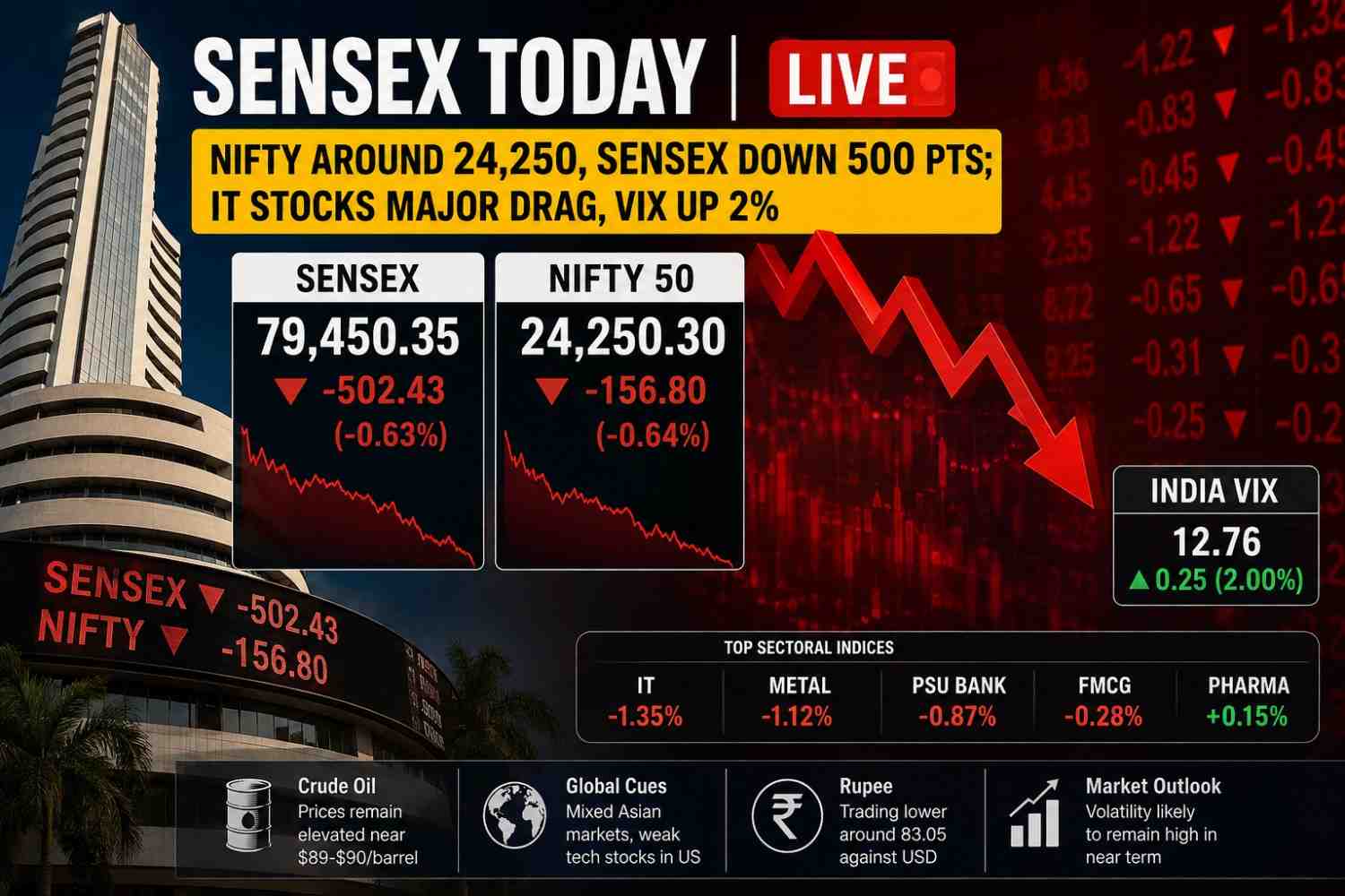 Sensex Today | Stock Market Live: Nifty Around 24,250, Sensex Down 500 Points; IT Stocks Drag, VIX Rises 2%