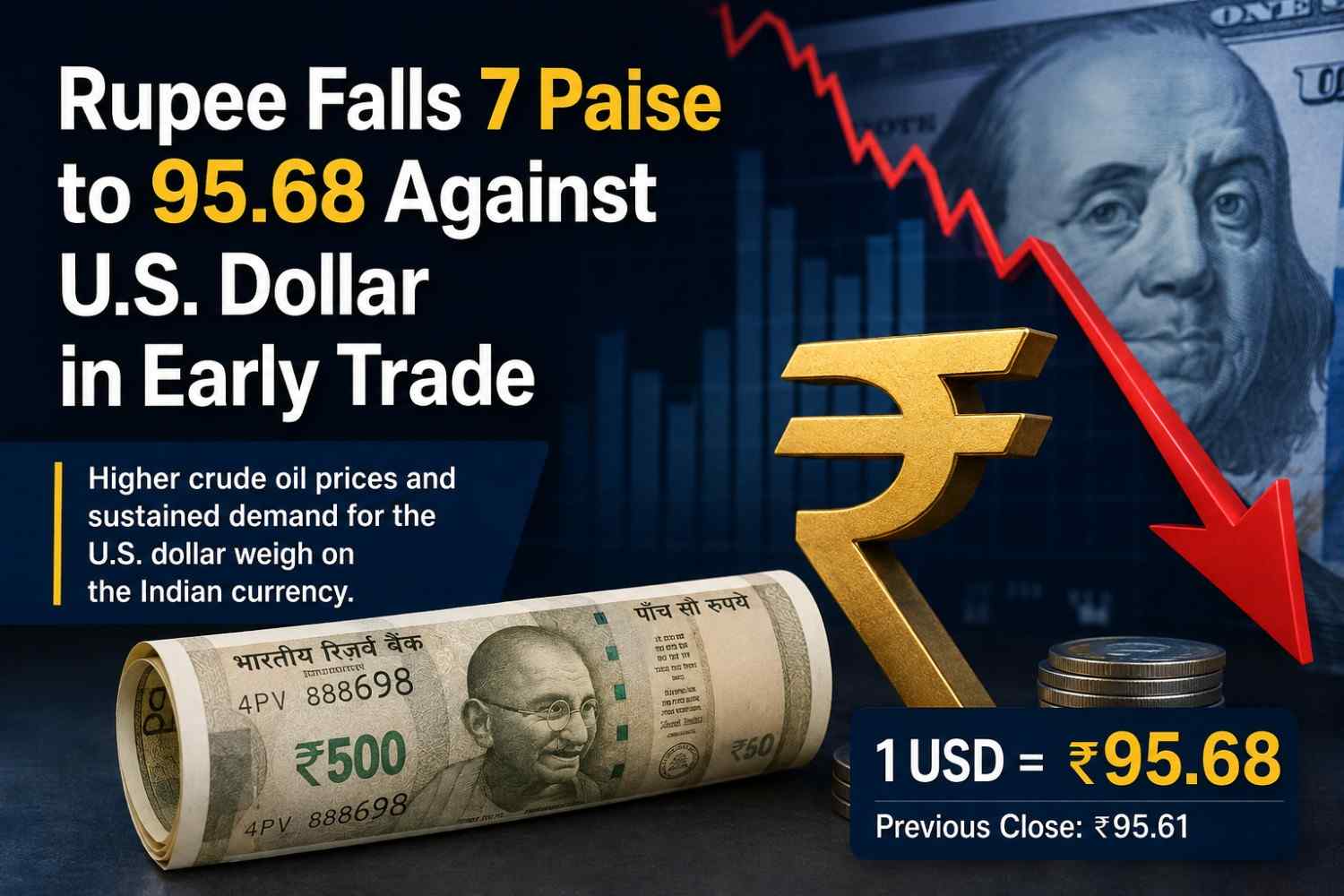 Rupee Falls 7 Paise to 95.68 Against U.S. Dollar in Early Trade