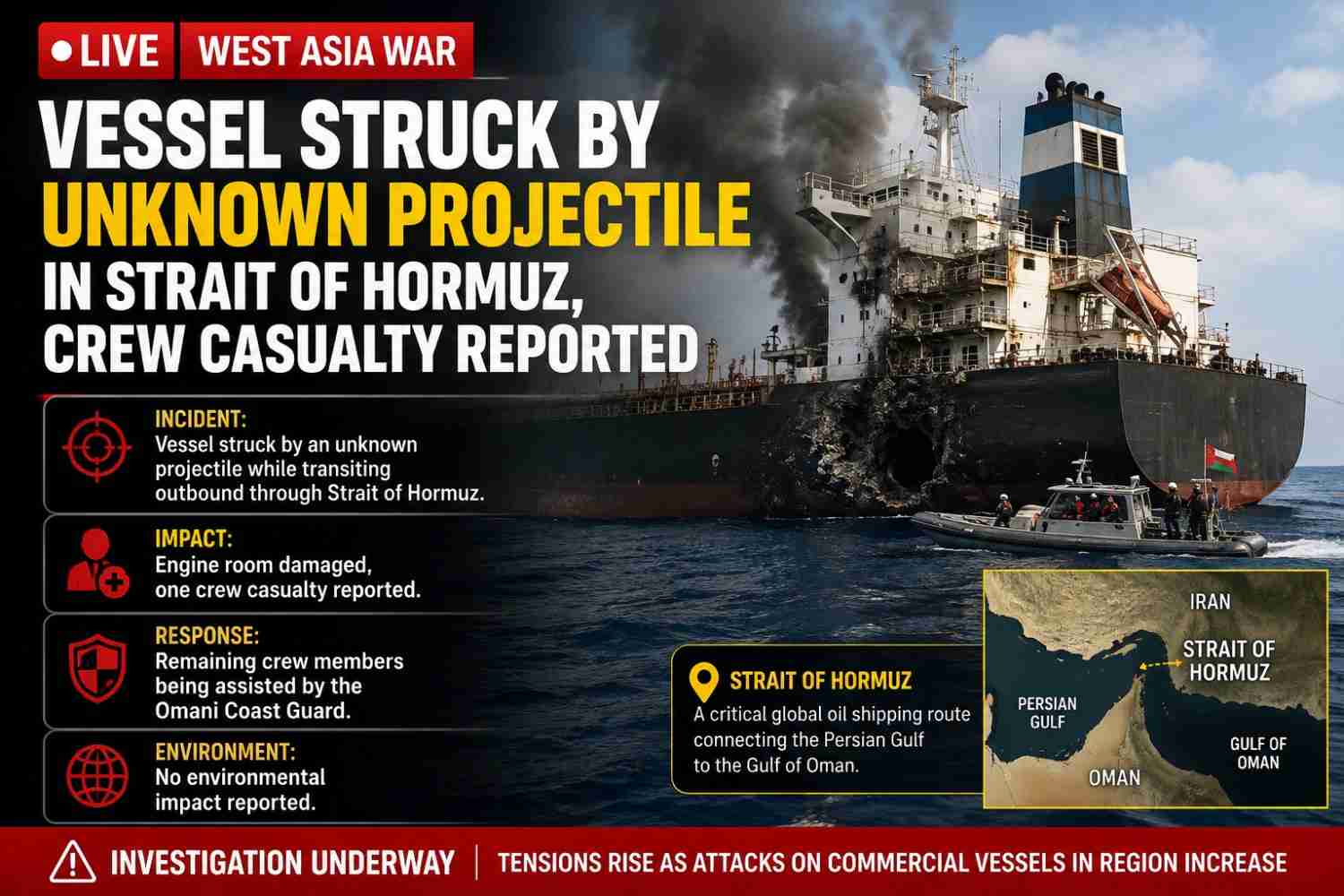 West Asia War LIVE: Vessel Struck by Unknown Projectile in Strait of Hormuz, Crew Casualty Reported