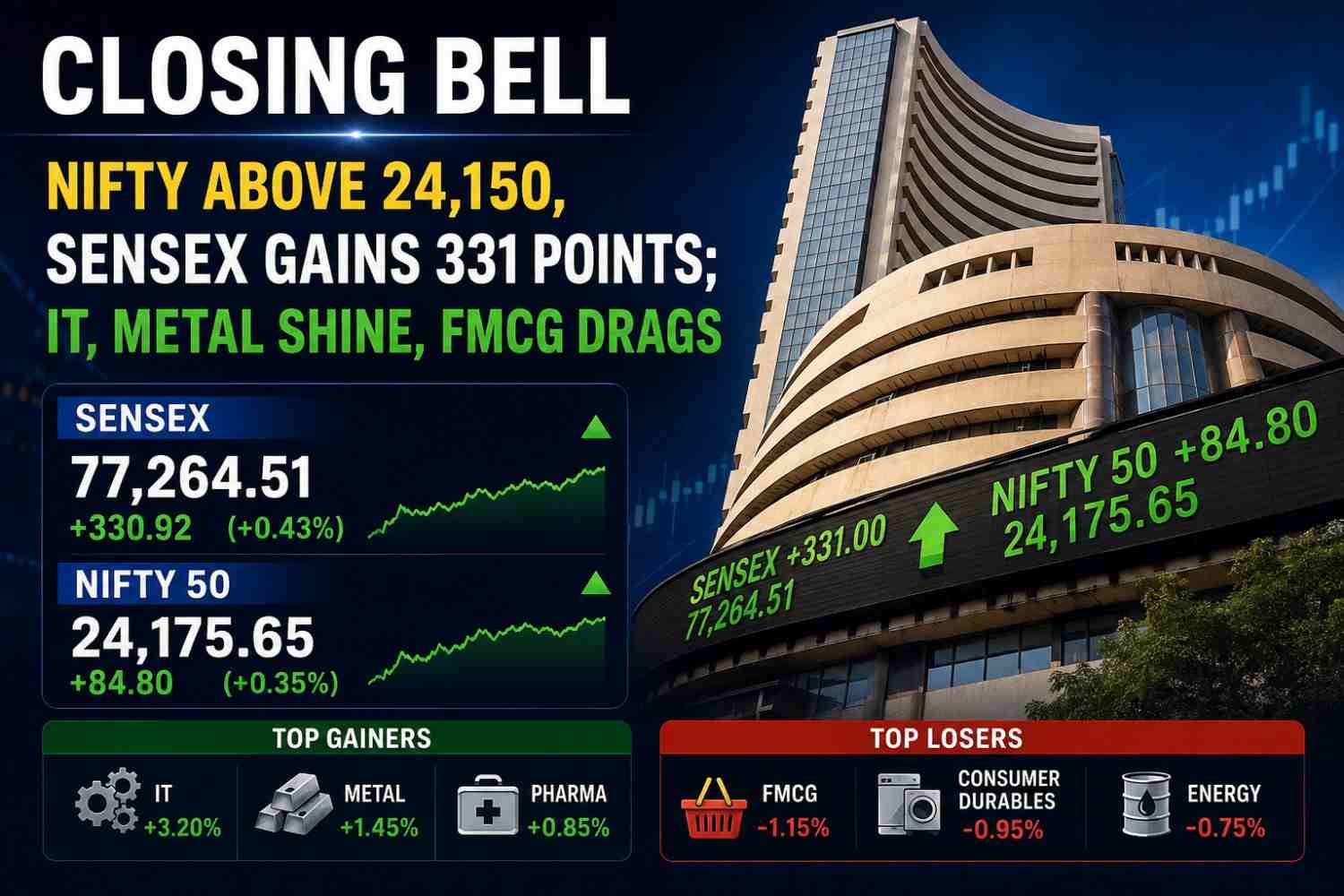 Closing Bell: Nifty above 24,150, Sensex gains 331 points; IT, metal shine, FMCG drags