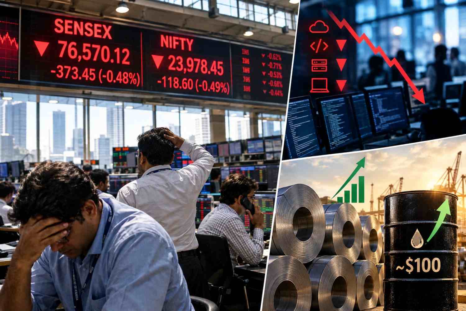 Brent Touches $100, Sensex Loses Another 440 Points — New Delhi Still Calls This Stability