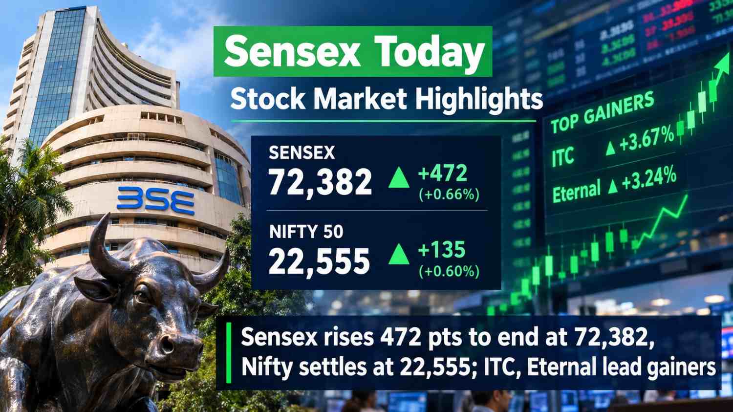 Sensex Today | Stock Market Highlights: Sensex Rises 472 Points to End at 72,382; Nifty Settles at 22,555