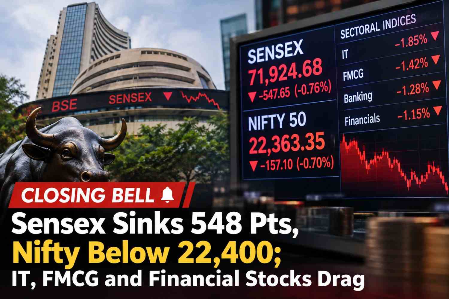 Closing Bell: Sensex Sinks 548 Points, Nifty Below 22,400; IT, FMCG and Financial Stocks Drag