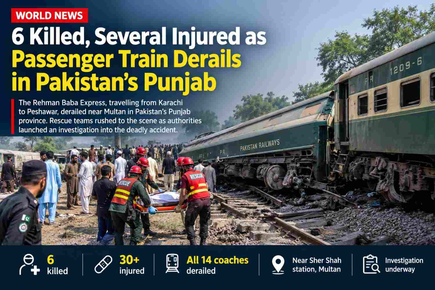 Pakistan Train Derailment: Six Killed, Dozens Injured as Rehman Baba Express Goes Off Track